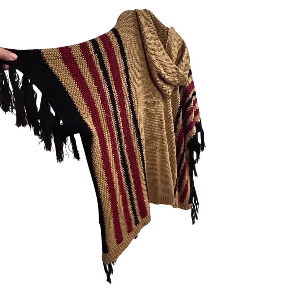 Women's Hooded Poncho Cape Brown Fringe Striped One Size‎
